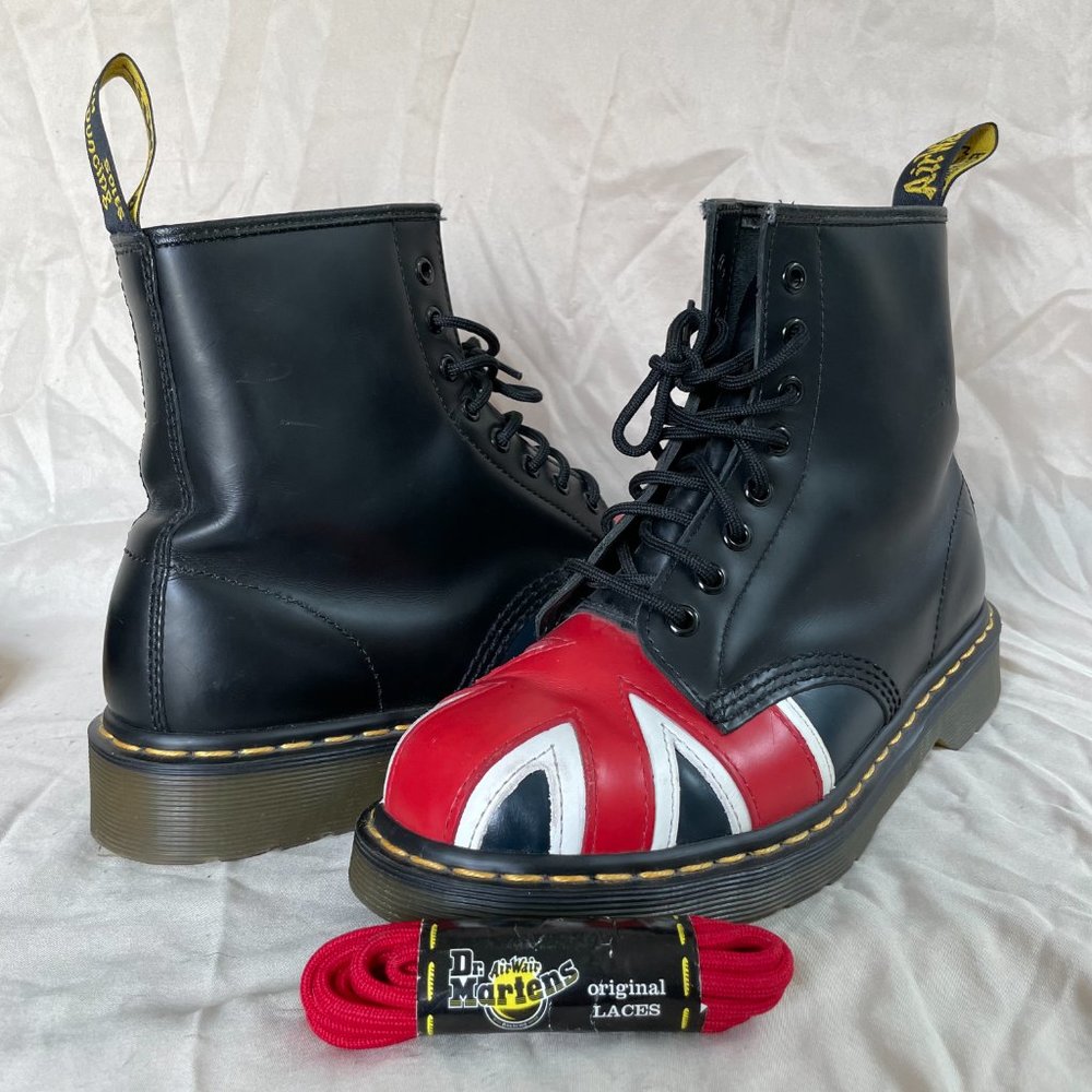 Doc Martens Union Jack 8 Eye Lace Up Black Boots, US Women's Size 9/Men's Size 8